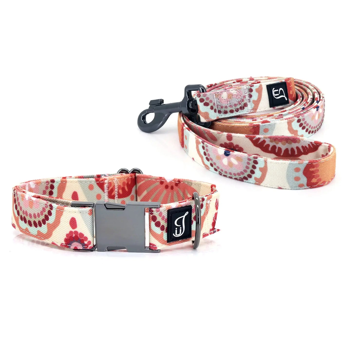 Comfy Cotton Dog Collar & Leash Set - Orange Daisy Large - Shopinapets
