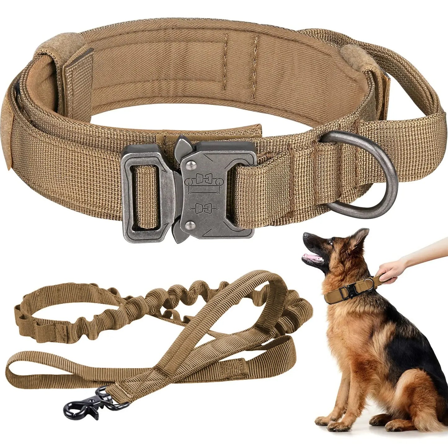 Tactical Dog Collar and Leash Set Adjustable Nylon Military Dog Collar with Control Handle Heavy Duty Metal Buckle and Bungee Leash for Dog Training (X-Large Khaki)