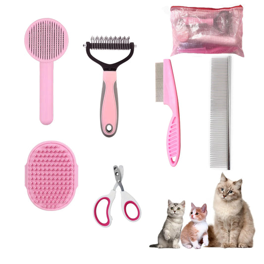 6-in-1 Pet Grooming Essentials Kit for Cats & Small Dogs - Pink