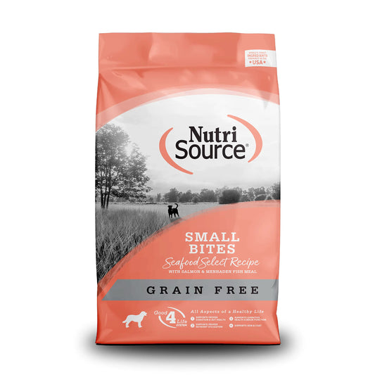 NutriSource Small Bites grain-free dog food package on a white background