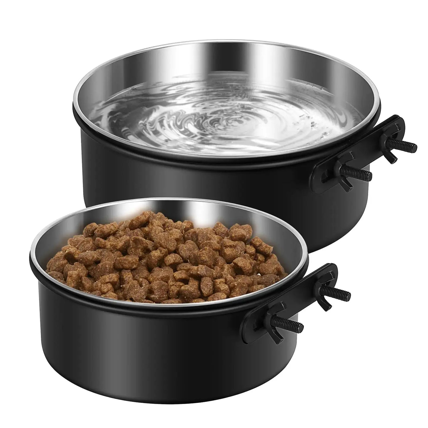 Two black pet bowls with one containing water and the other with kibble on a white background