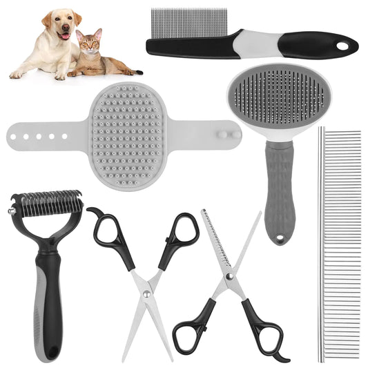 Collection of pet grooming tools including brushes and scissors on a white background with two pets.