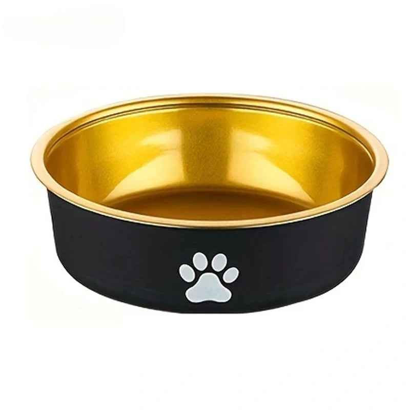 A sleek black pet bowl with a gold rim and a white paw print design on the side, perfect for feeding pets stylishly.