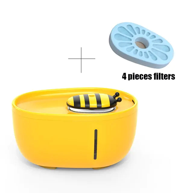 The Aqua Pet Stream Fountain by Shopinapets is a bee-shaped yellow pet water fountain with a transparent water level indicator and four blue flower-shaped filters to ensure optimal pet hydration.