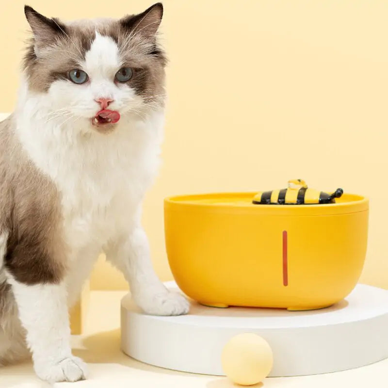 A fluffy blue-eyed cat sits on a white platform beside a yellow food bowl with a bee design, licking its lips against a pastel yellow background. It eyes the Shopinapets Aqua Pet Stream Fountain for hydration, while a small yellow ball lies on the ground.