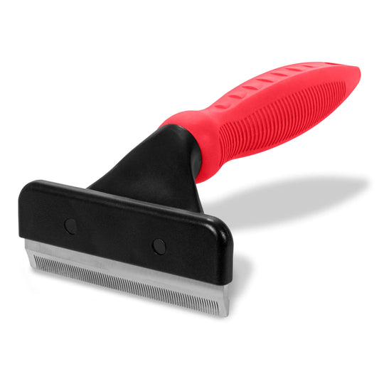 Pet grooming brush with red handle and black bristle side on a white background
