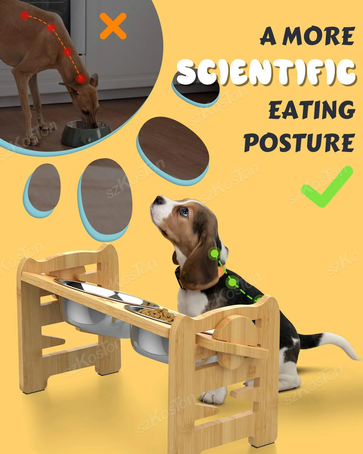 A dog eating from an elevated wooden dog bowl, promoting a healthier eating posture with informative graphics in the background.