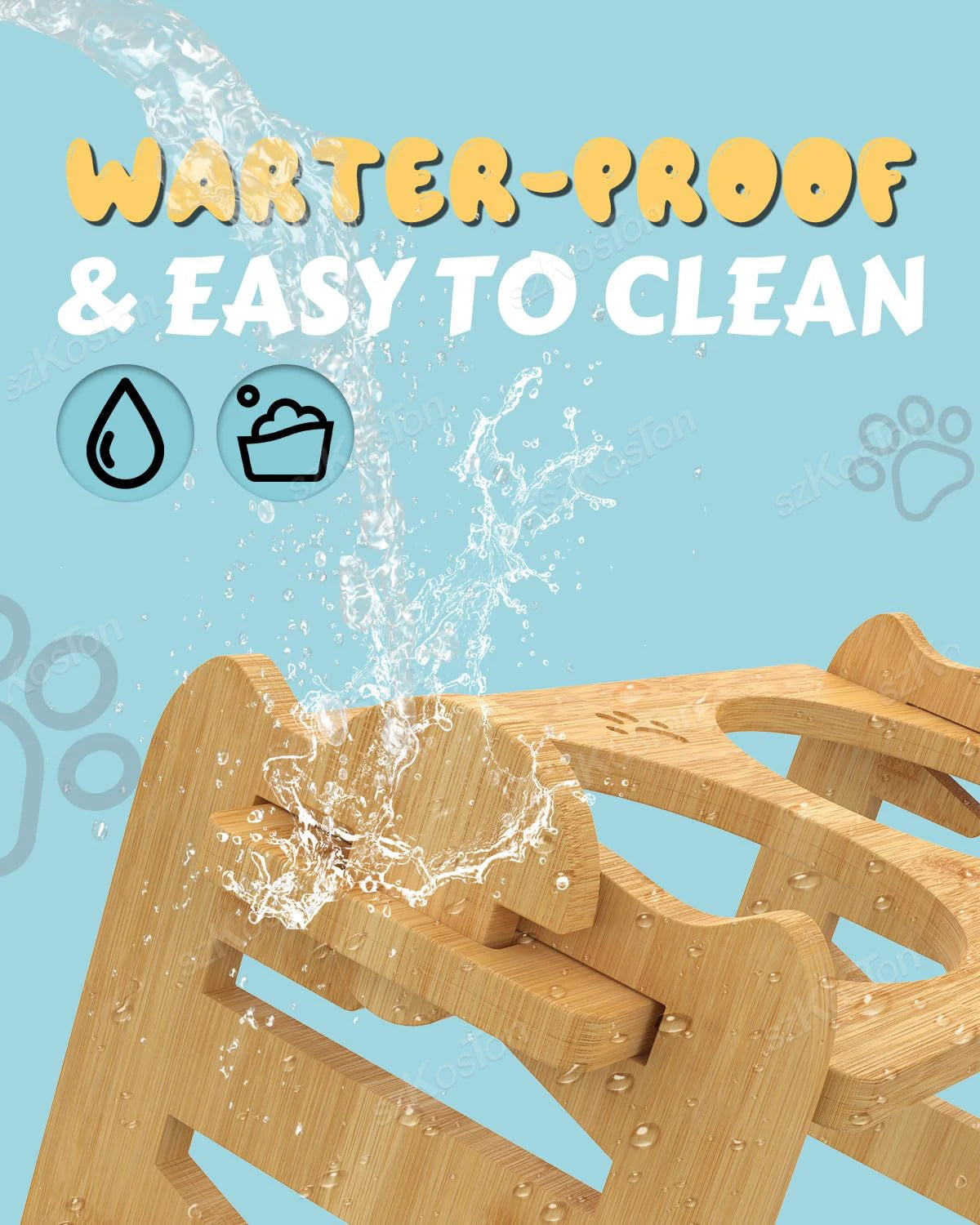 A wooden feeder bowl with water splashing over it, highlighting its waterproof and easy-to-clean features.