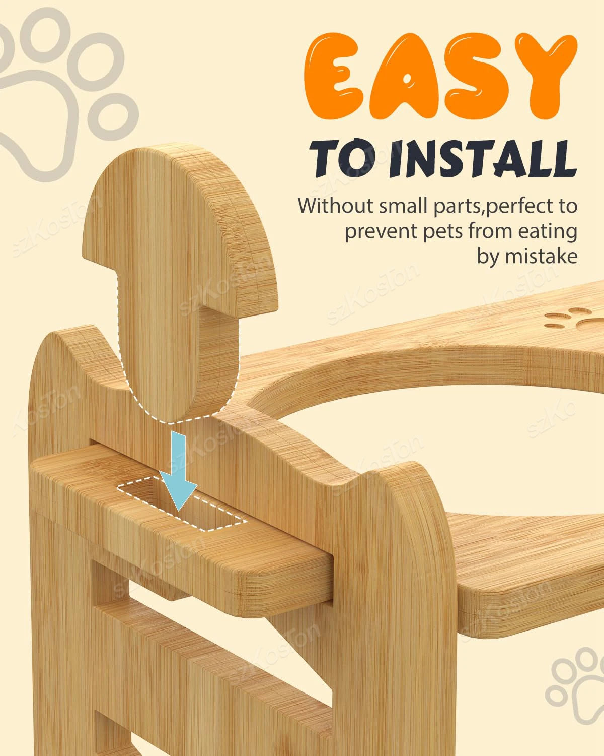 A wooden pet feeding station with an easy installation design, featuring no small parts to prevent accidental ingestion by pets.