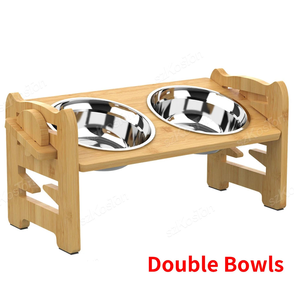 A double-bowl pet feeder station featuring stainless steel bowls and a stylish wooden base for an elevated dining experience.