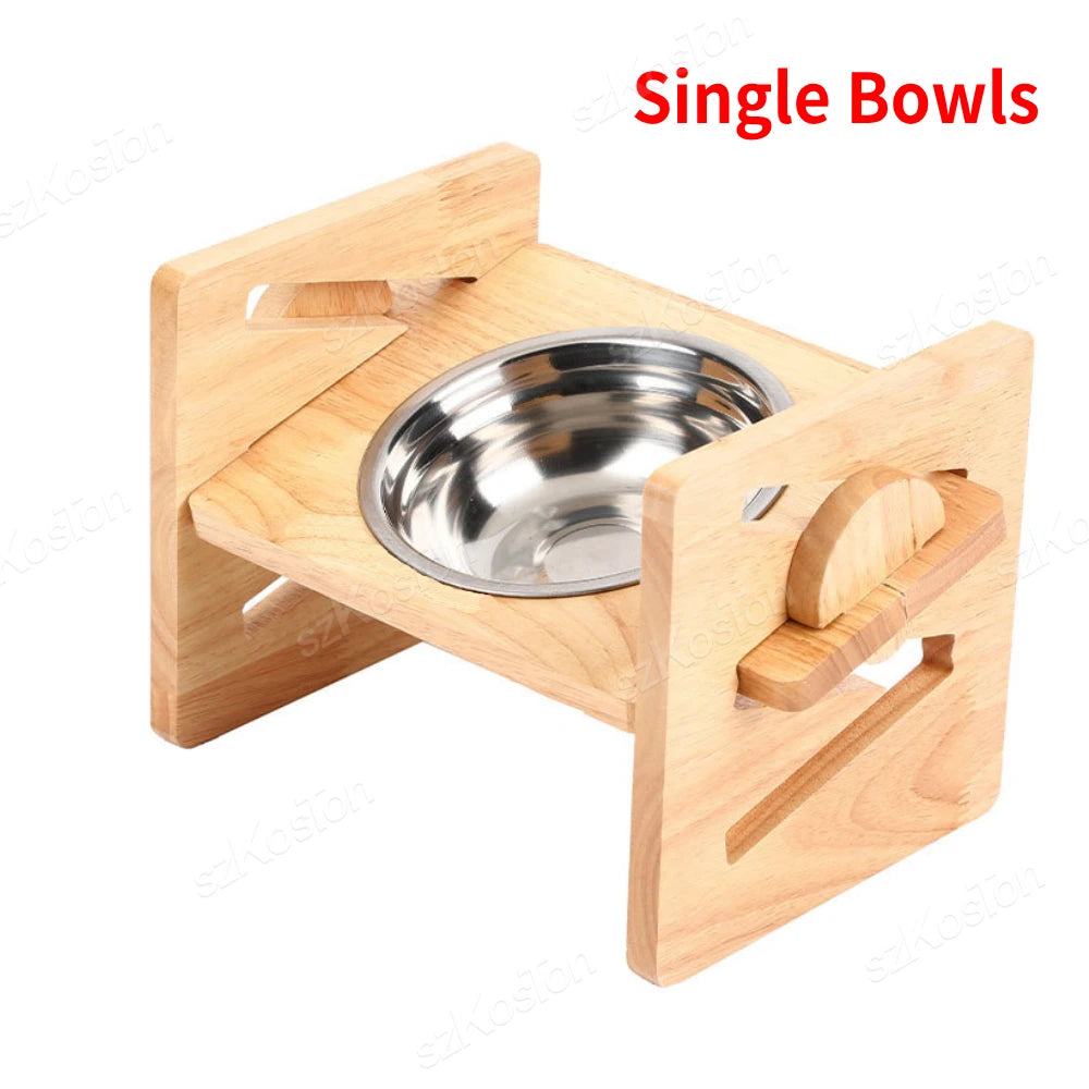 A single wooden elevated pet bowl stand featuring a stainless steel bowl, labeled "Single Bowls" in bold red text.