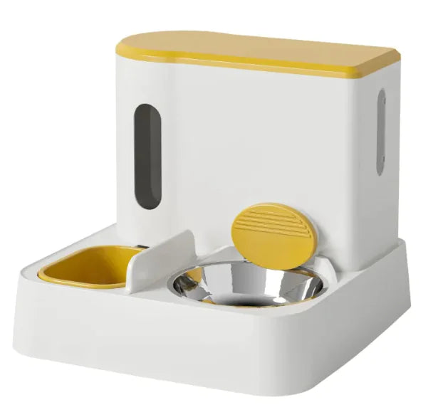 Modern pet feeder with a white and yellow design, featuring a stainless steel bowl and a smaller food compartment.