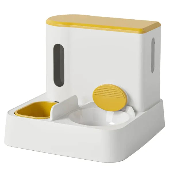 A modern two-bowl pet feeder with a yellow lid and accents, featuring a large water bowl and a smaller food dish.