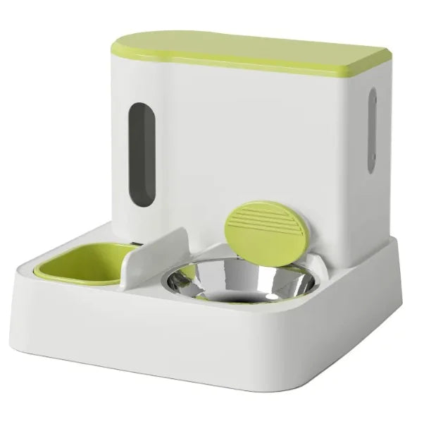 Modern pet feeding station in white and green, featuring a stainless steel bowl and a small food compartment.