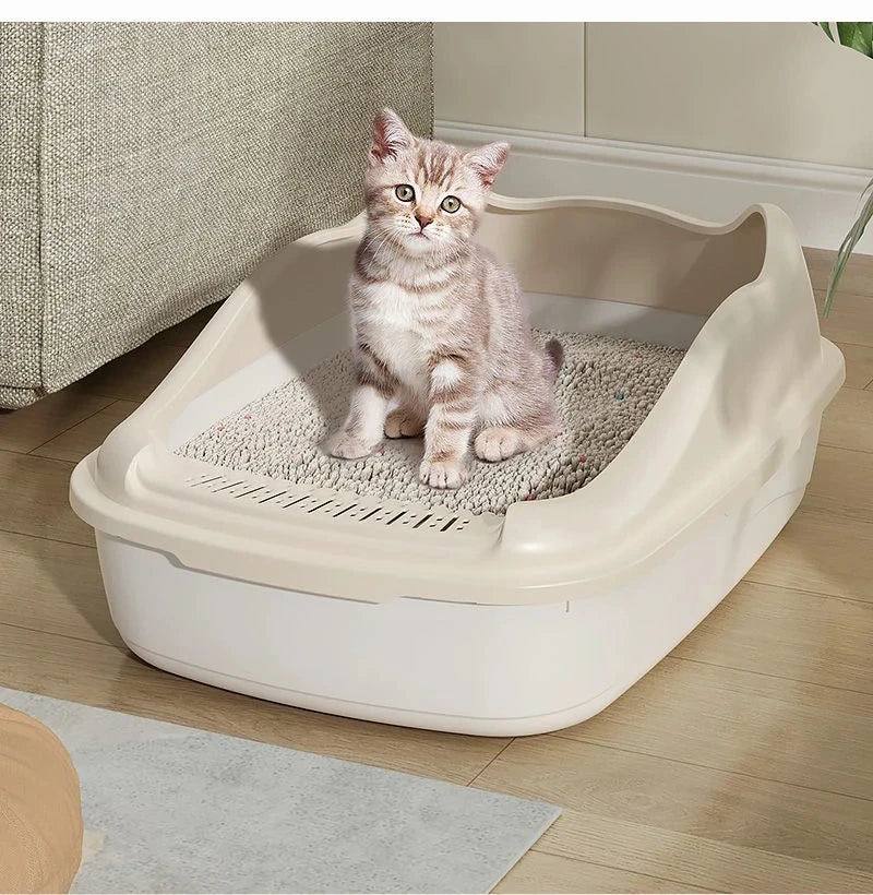 A fluffy gray tabby kitten sits in a beige litter box, surrounded by a cozy rug, with a textured wall and furniture in the background.