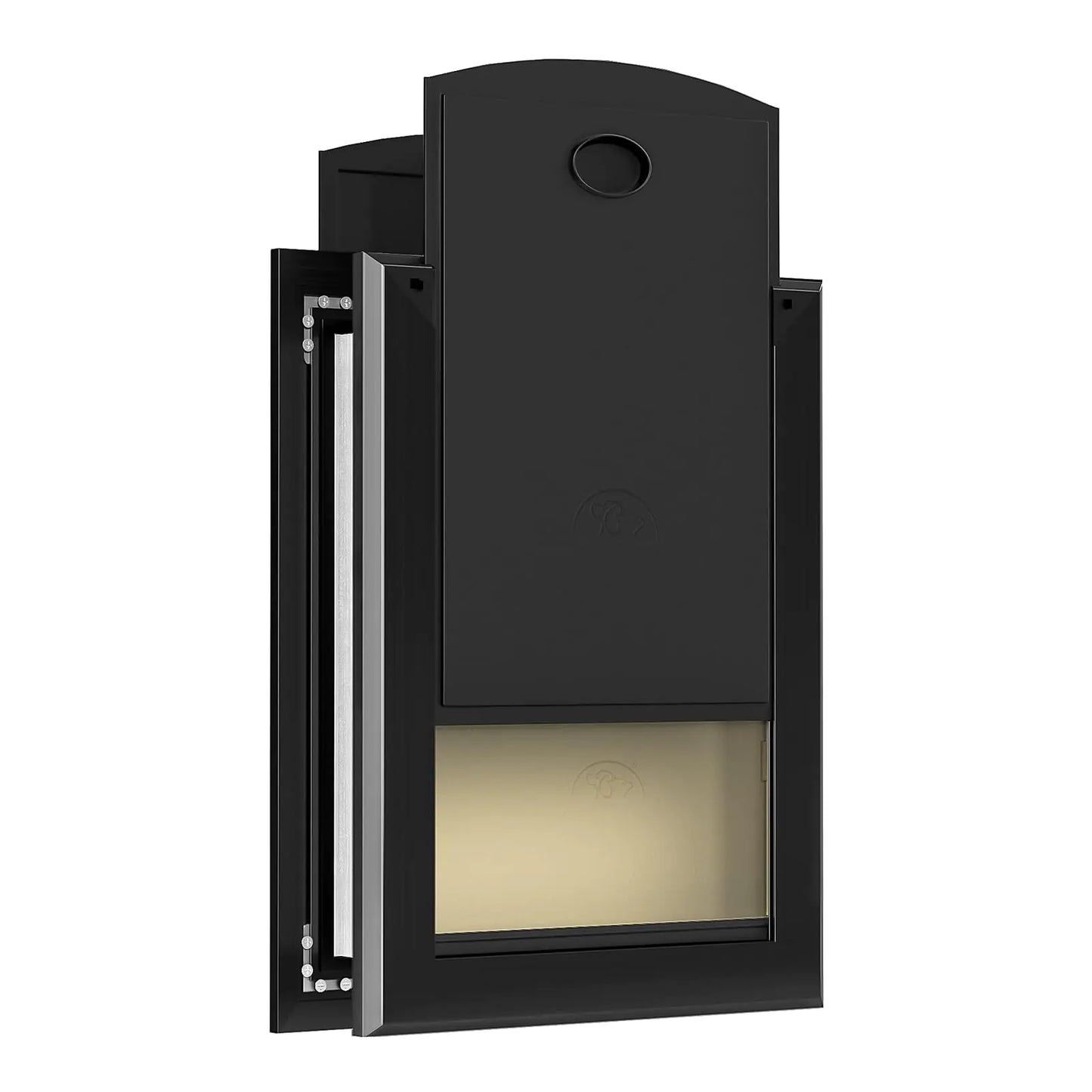 A sleek, black pet door with an upper flap and a transparent lower section, designed for easy access while maintaining home insulation.