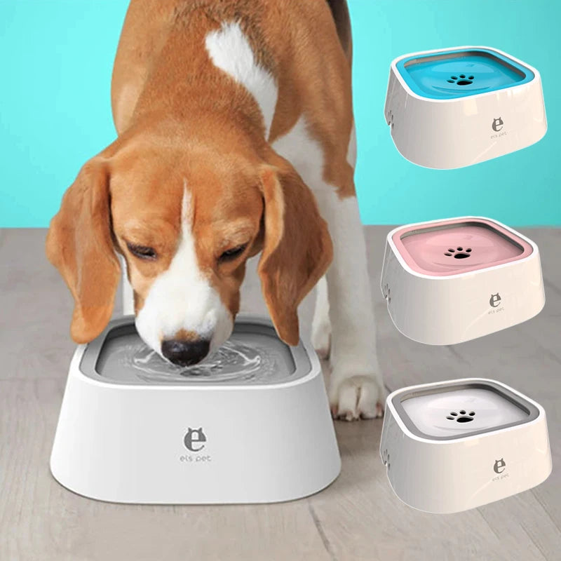 A dog is drinking from a water bowl with three colored bowls