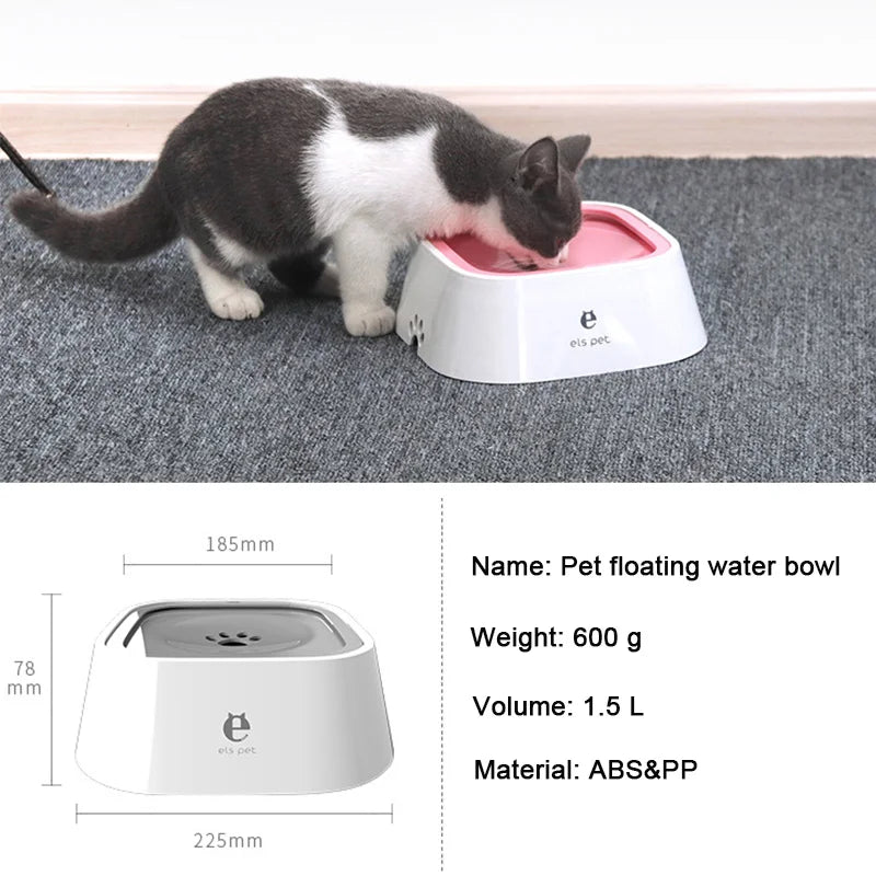 A cat drinking from a water bowl with product specifications below.