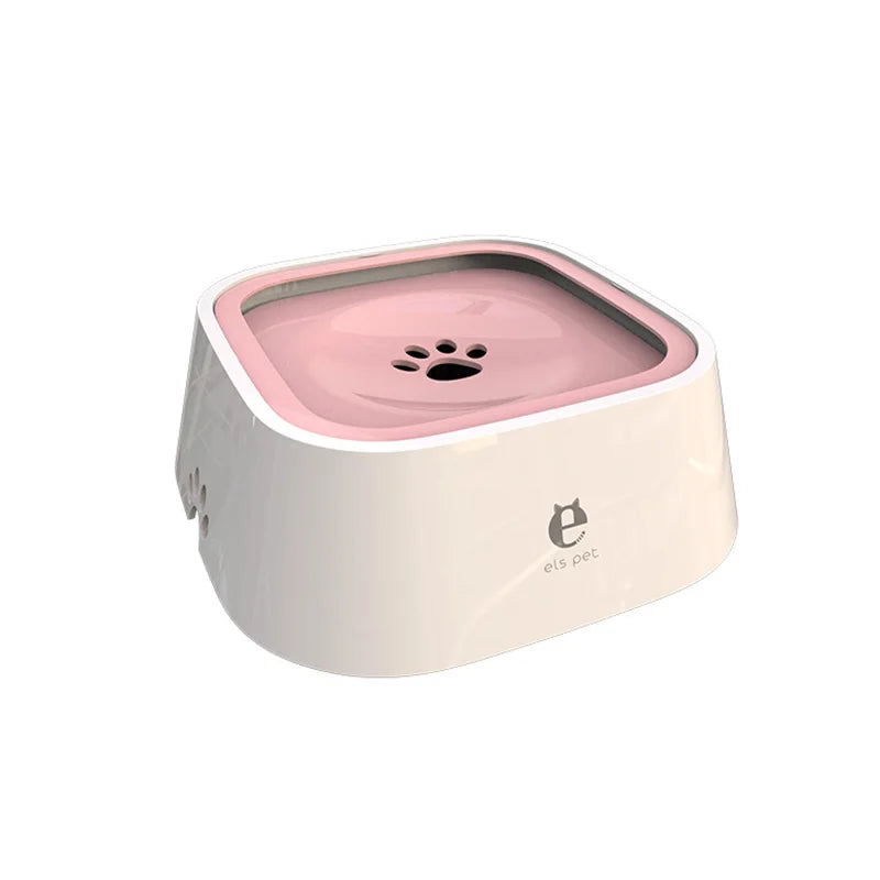 A modern white pet water bowl with a pink top featuring a paw print design, designed for pet hydration.