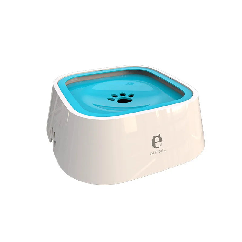 White and blue pet water bowl on a clear background.