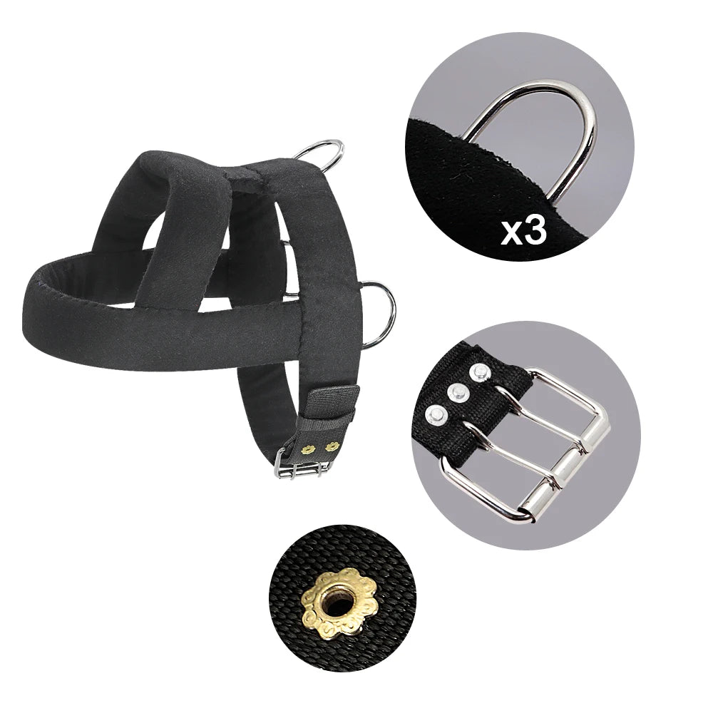A chin-up support band featuring three hooks and a metal buckle.