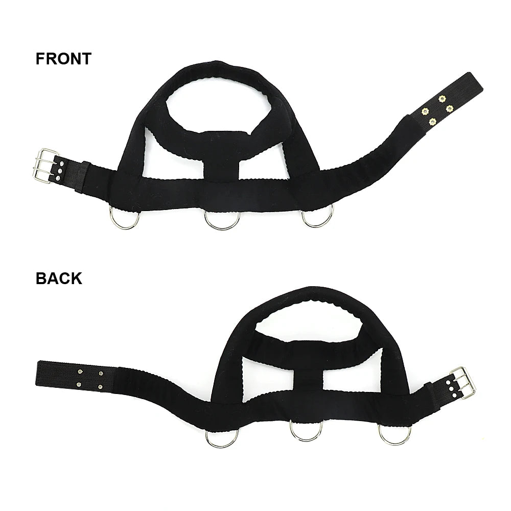 Black harness with rings and buckles, front and back views.