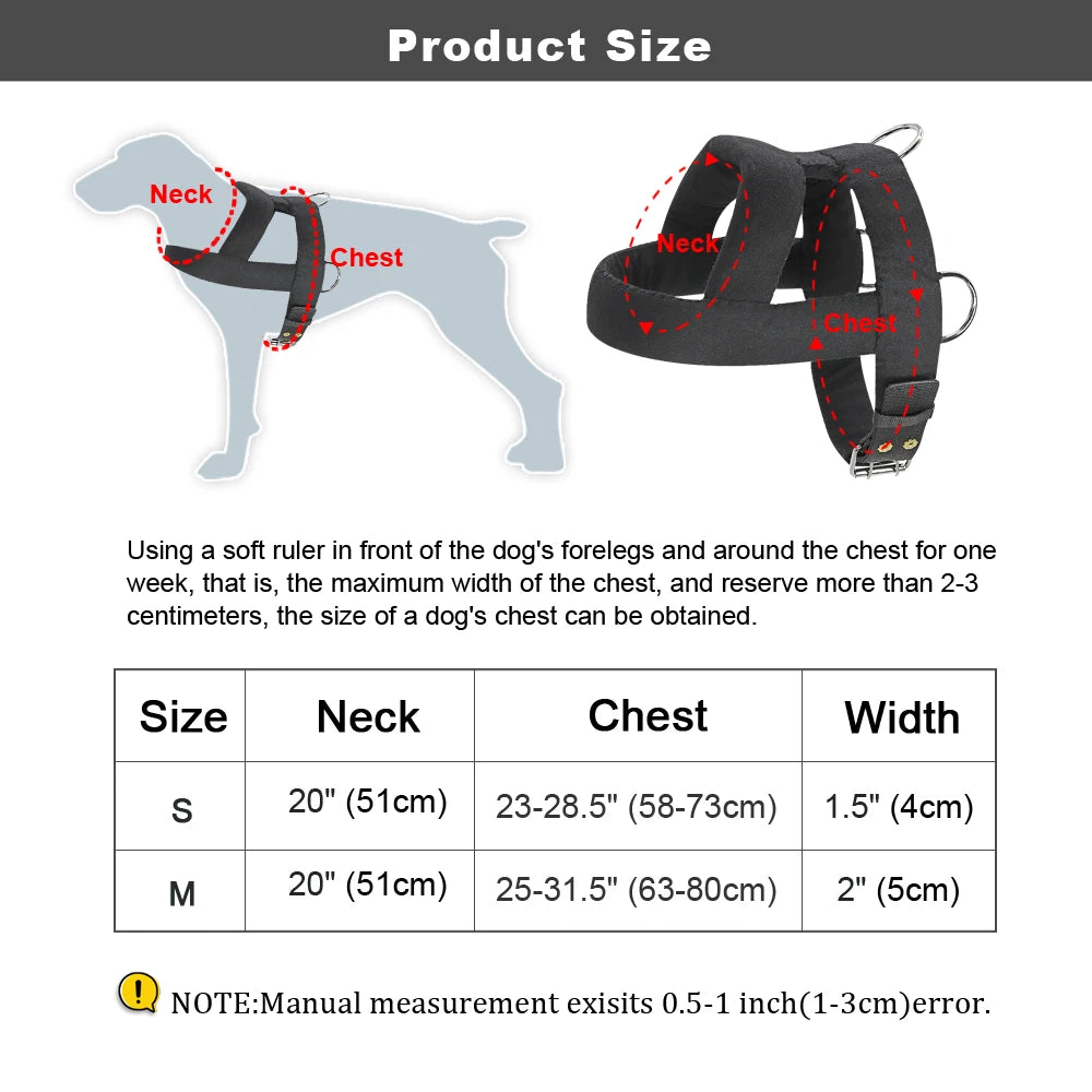 A dog harness size chart and illustration that includes width, chest, and neck measurements.