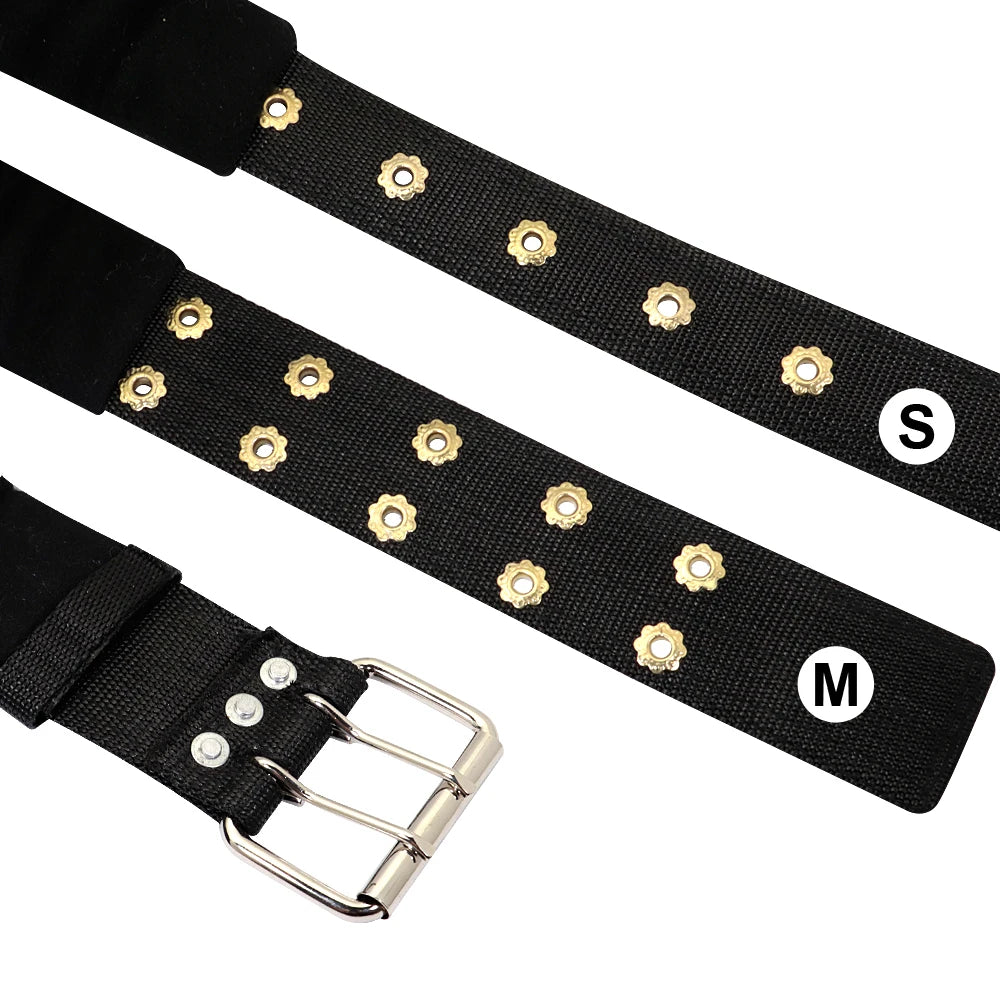 Marked S and M, these two black hernes have silver grommets and a metal buckle on one end.