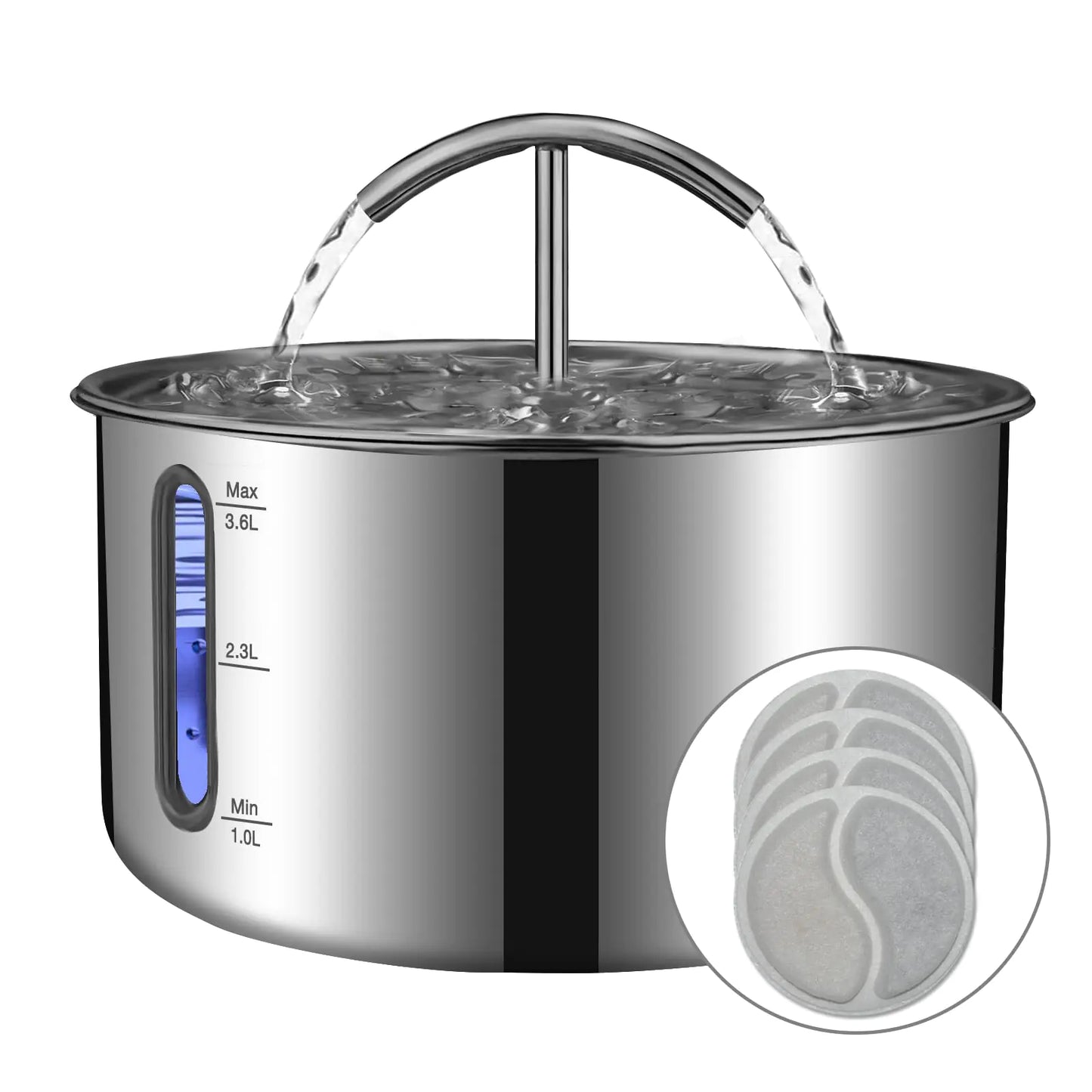 A stainless steel water dispenser with water flowing from a curved spout, displaying measurement indicators and a set of grey coasters.