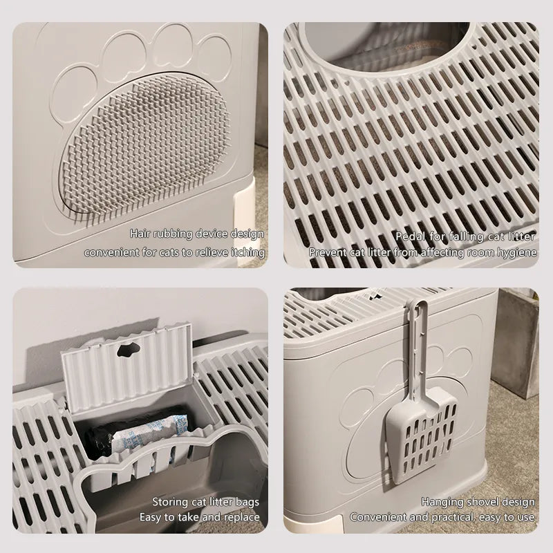 A multifunctional cat litter box with a grooming area, litter-catching pedal, storage for bags, and a convenient hanging shovel.