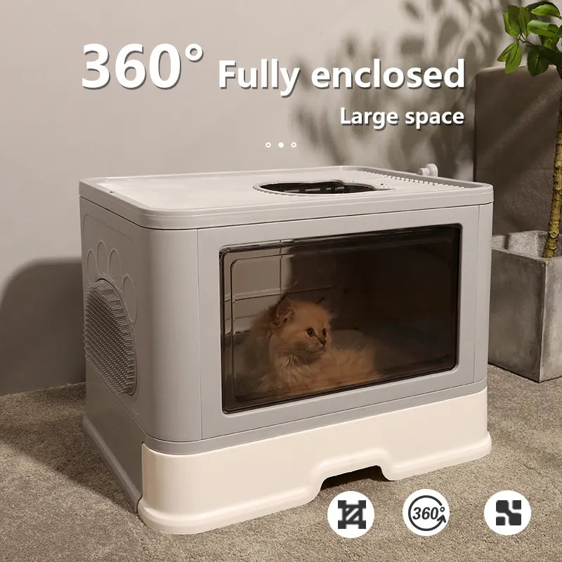 A cozy, fully enclosed cat house featuring a clear front, showcasing a relaxed cat inside, set against a minimalistic backdrop.