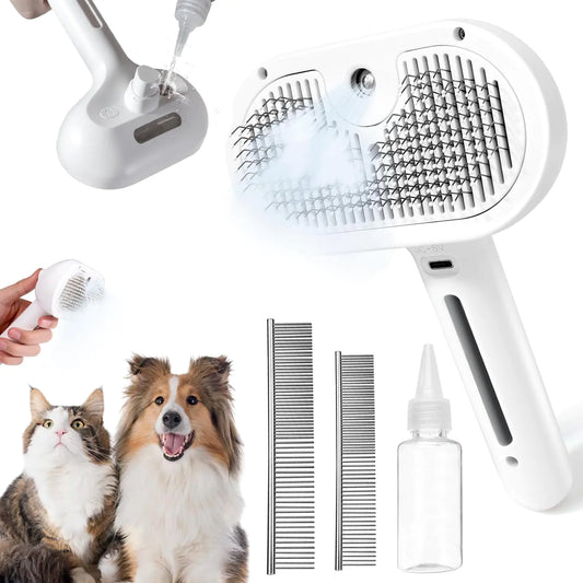 Pet grooming tools including a hair dryer, brush, and comb on a white background.