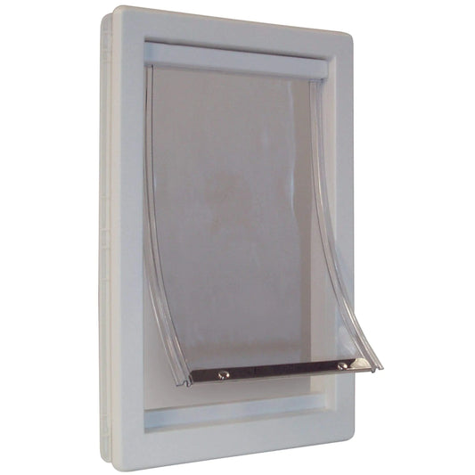 Pet door with clear flap on a white background