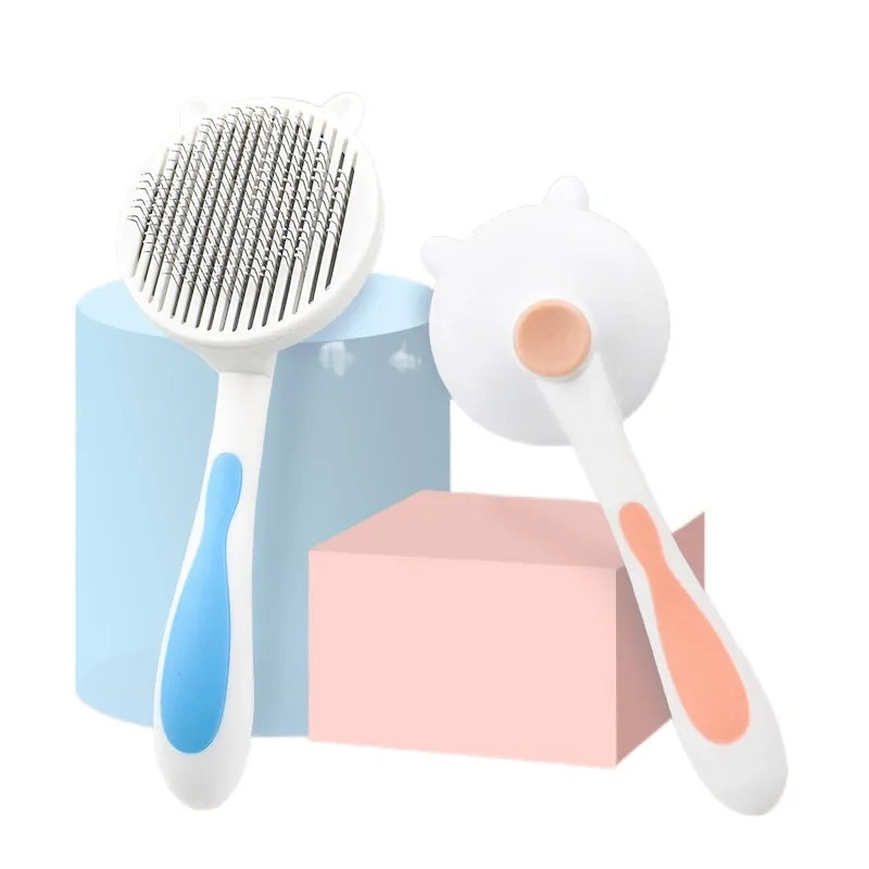 Two pet grooming tools on colorful geometric shapes: a wire dog brush with a blue handle and a rubber grooming roller with an orange button.