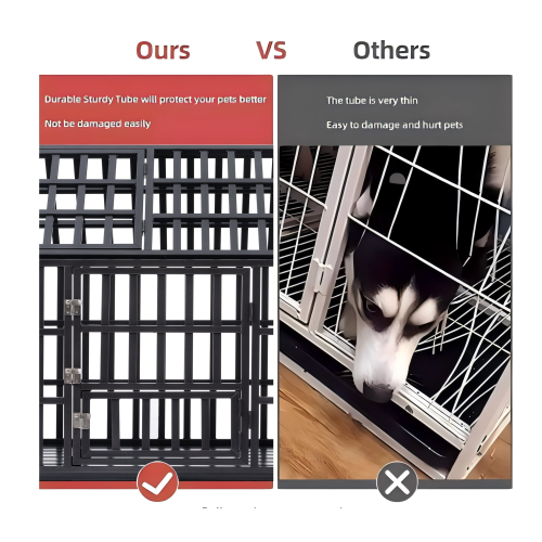 Comparison of pet crates: left features a strong, durable design, while the right shows a flimsy cage that risks pet safety.