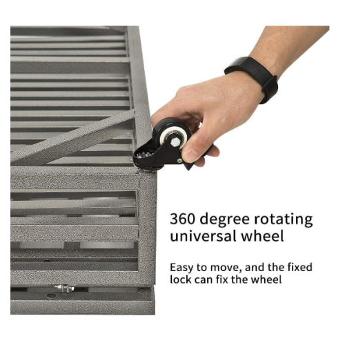 Close-up of a hand using a 360-degree rotating universal wheel; features a text description of its ease of movement and locking mechanism.