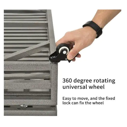Close-up of a hand using a 360-degree rotating universal wheel; features a text description of its ease of movement and locking mechanism.