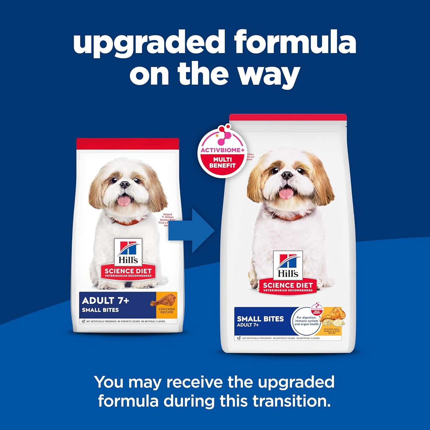 Image of two bags of Hill's Science Diet dog food for adults 7+, showing a transition to an upgraded formula with "ActivBiome+" benefits.
