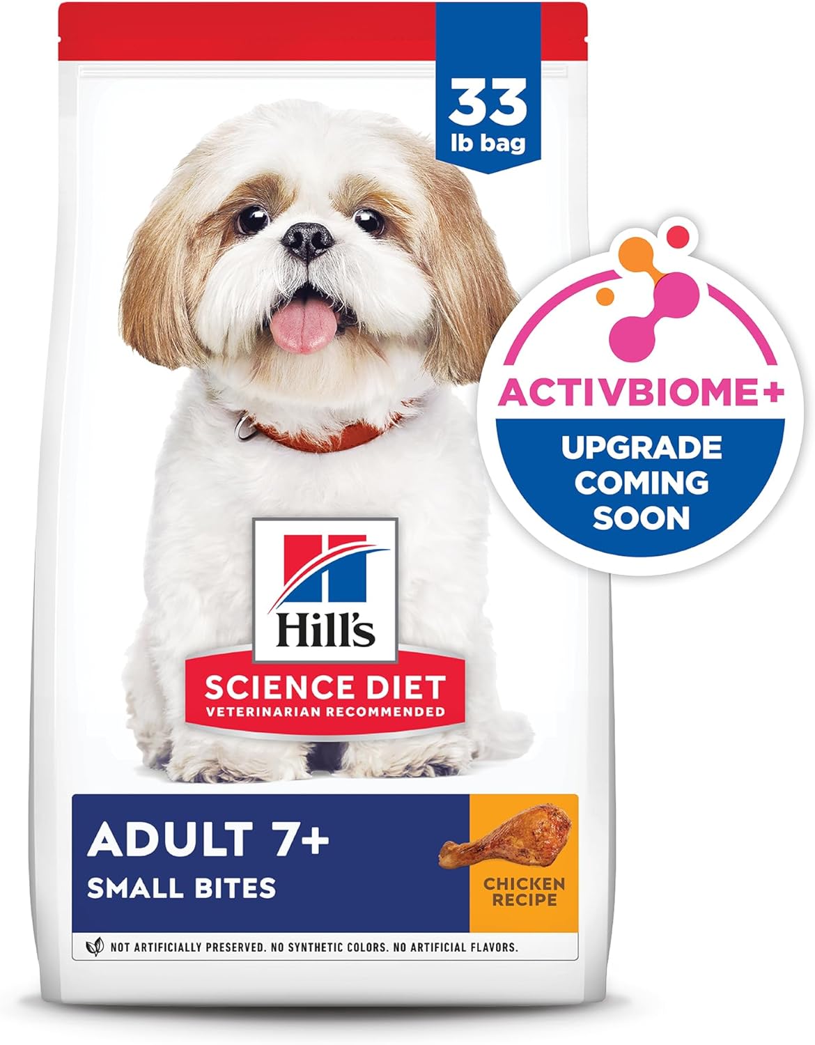 A 33 lb bag of Hill's Science Diet Adult 7+ Small Bites dog food, featuring a smiling Shih Tzu and a chicken recipe highlight.