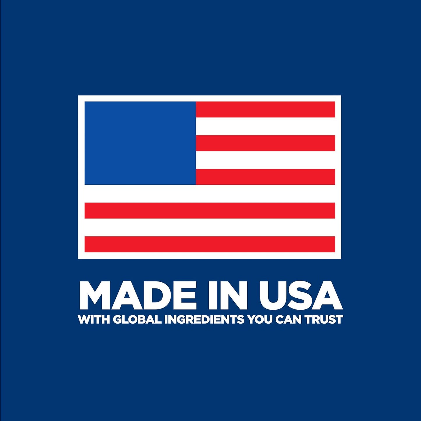 A graphic featuring the American flag with the text "Made in USA with global ingredients you can trust" below it on a blue background.