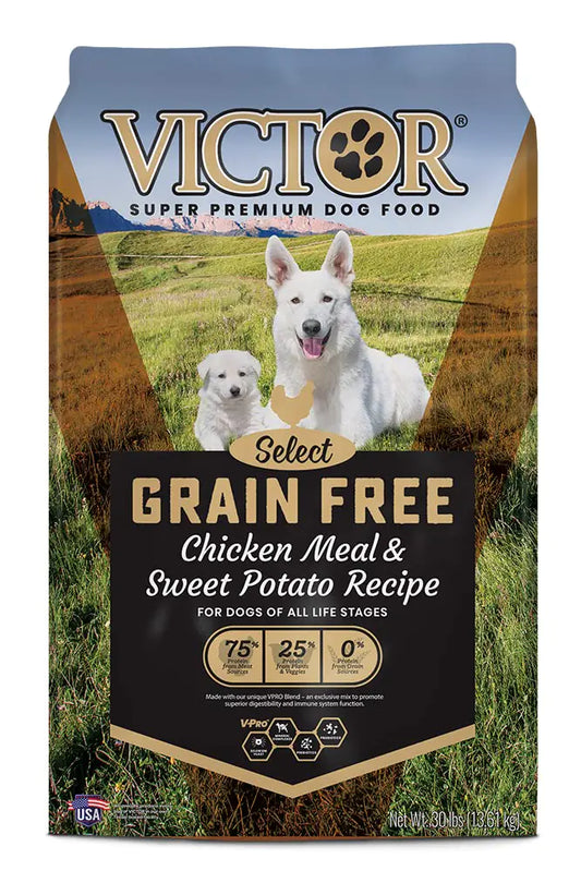 Victor Super Premium Dog Food package with two dogs on a grassy field background
