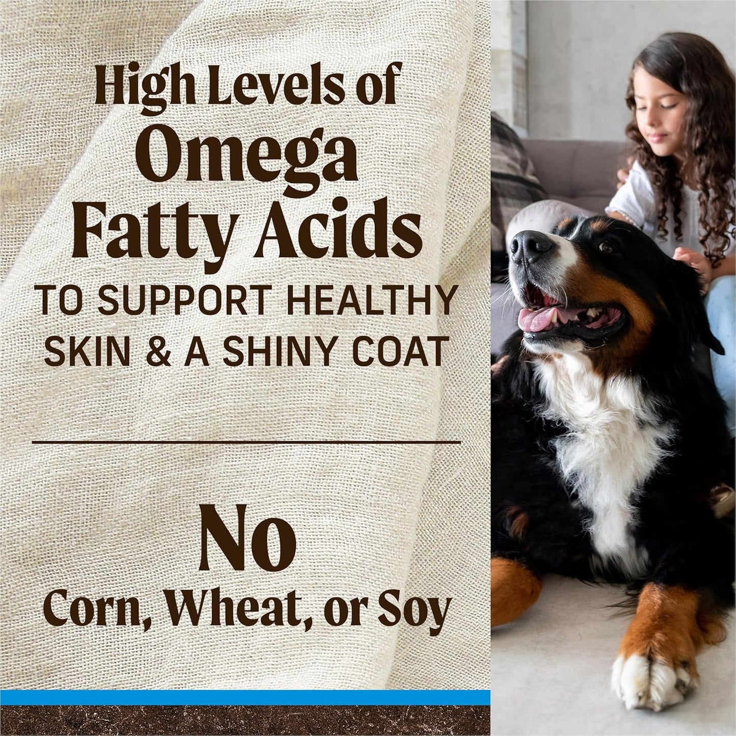 A happy dog sits next to a person, with a background banner emphasizing omega fatty acids for skin and coat health, excluding grains.