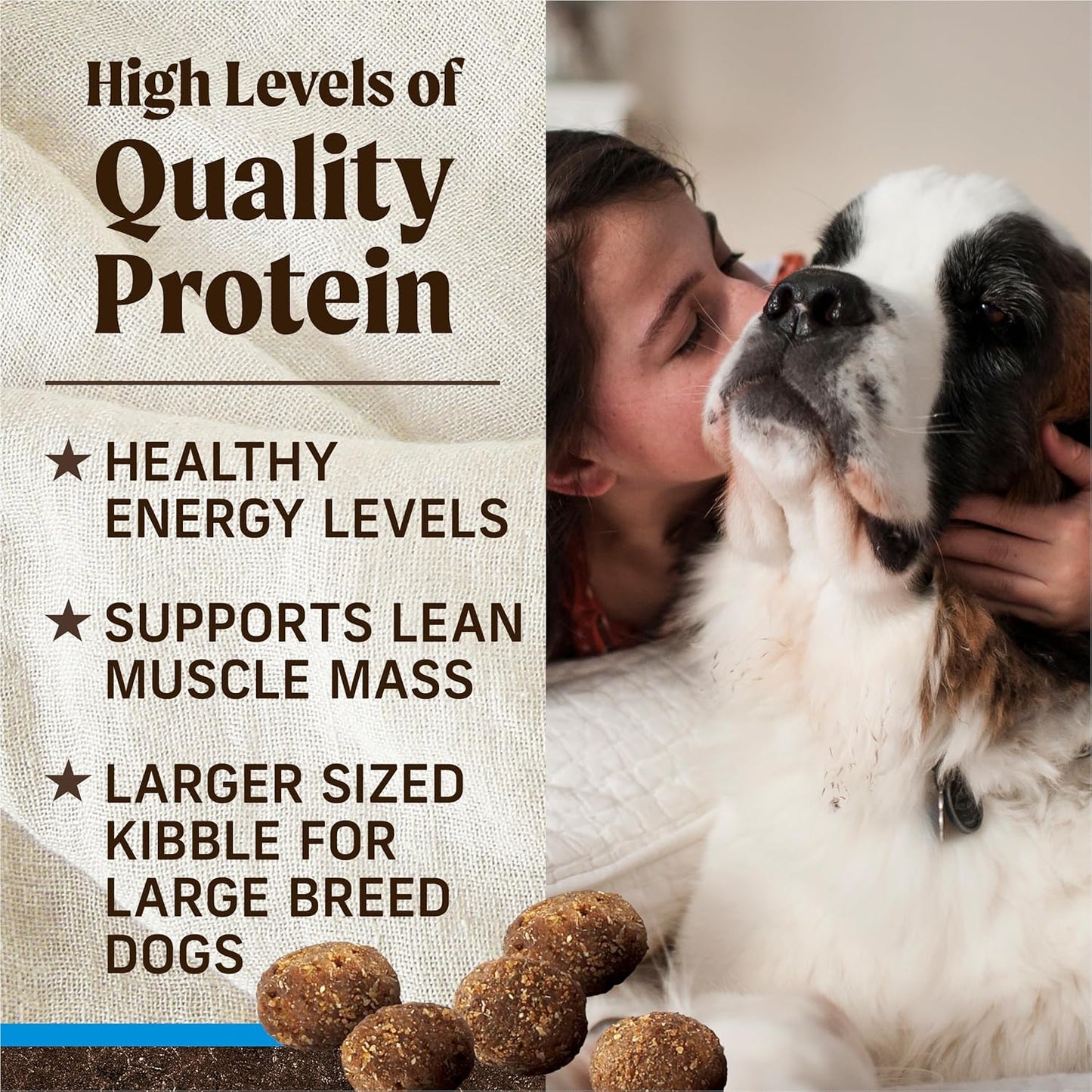 A dog receives attention while kibble is displayed, highlighting high-quality protein benefits for healthy energy and muscle mass.