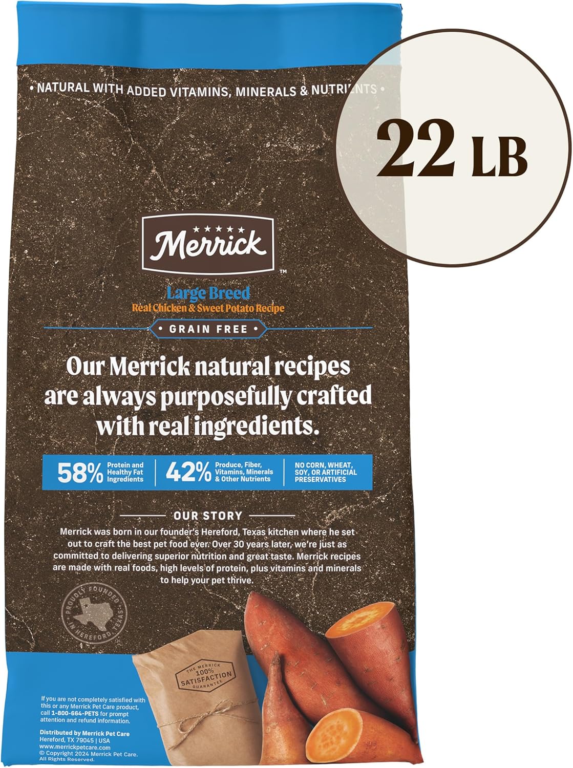 A 22 lb bag of Merrick Large Breed Grain-Free dog food, featuring chicken and sweet potato, highlighting its natural ingredients and nutritional benefits.