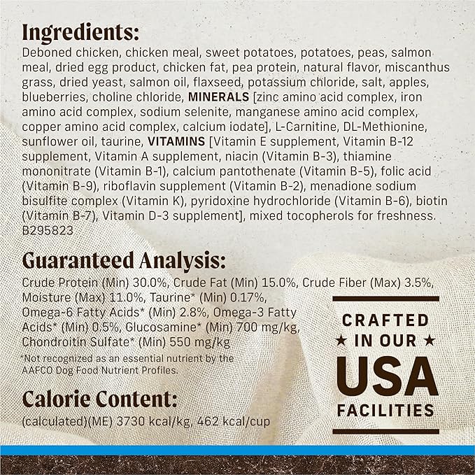 Dog food bag label detailing ingredients, nutritional analysis, and calorie content, emphasizing natural and nutrient-rich components.