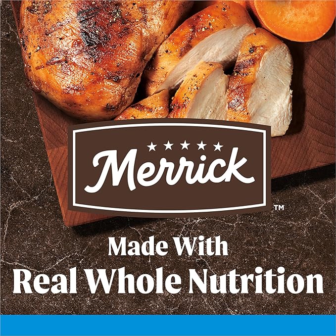 Grilled chicken and sliced pieces on a wooden platter, featuring Merrick branding and the tagline "Made With Real Whole Nutrition."