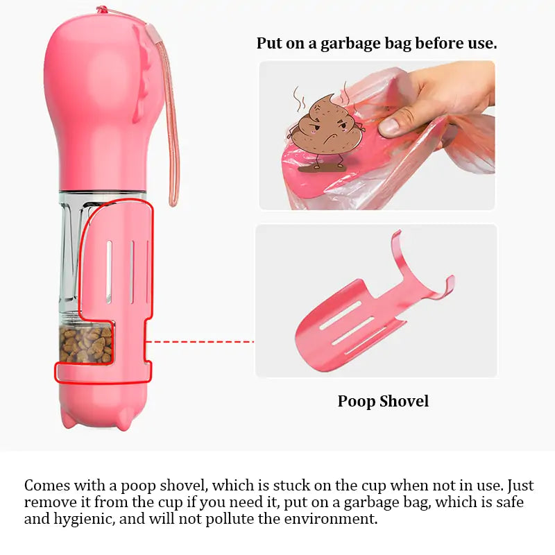 A pink pet waste bag holder with a poop shovel attached, designed for hygienic cleanup during walks.