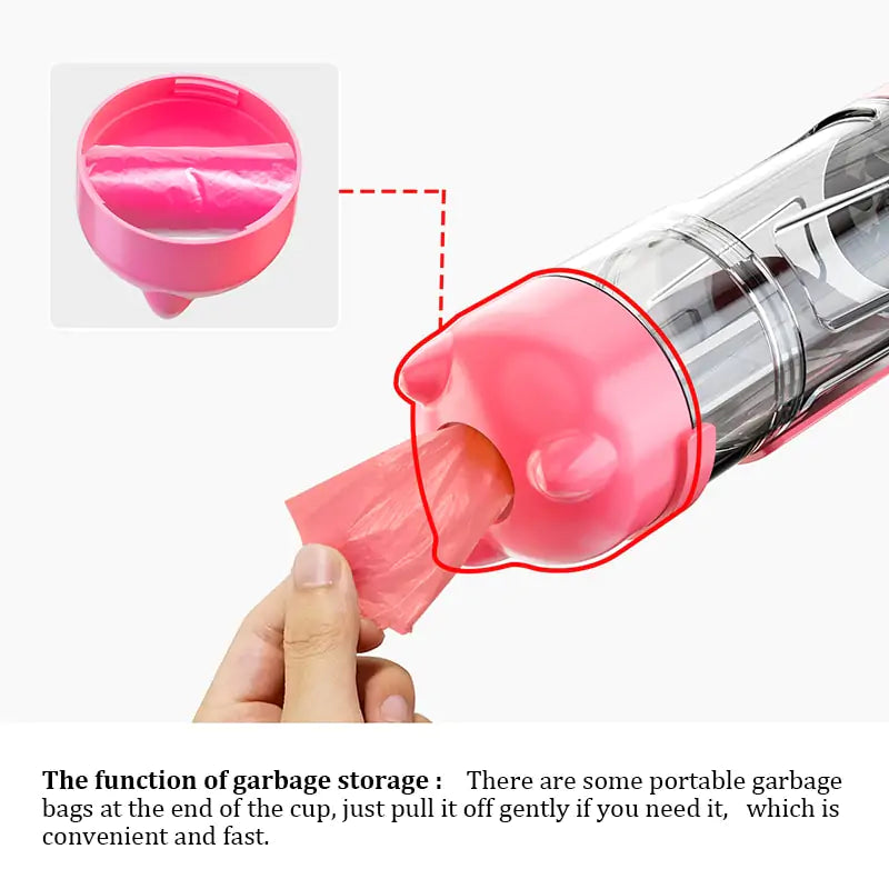A pink cup with a garbage bag dispenser, showing hands pulling a bag from the device, illustrating its convenient storage function.