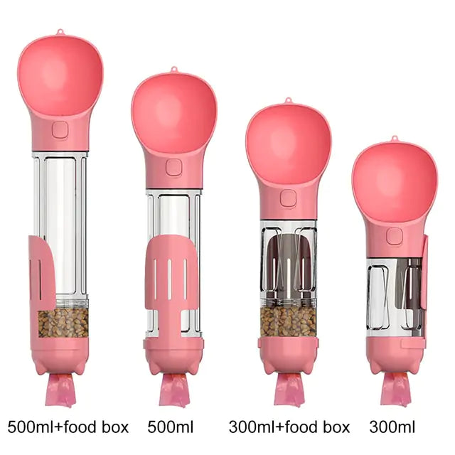 Four pink pet food dispensers of varying sizes (500 ml and 300 ml) with attached food boxes, displaying different configurations.