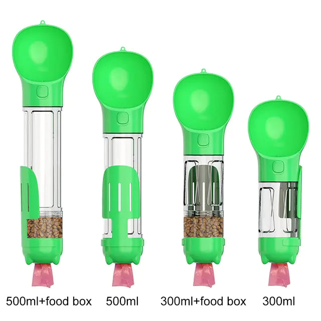 Four green pet food dispensers of varying sizes (500 ml and 300 ml) with attached food boxes, displaying different configurations.